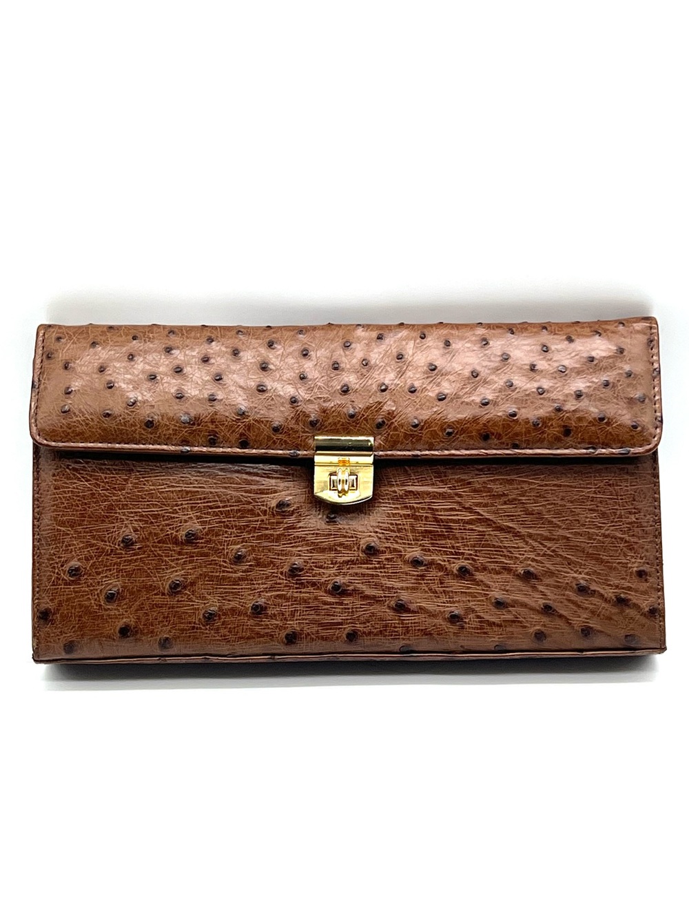 Vintage Corbeau Genuine Ostrich Leather Clutch Purse Bag Cognac Brown - RARE